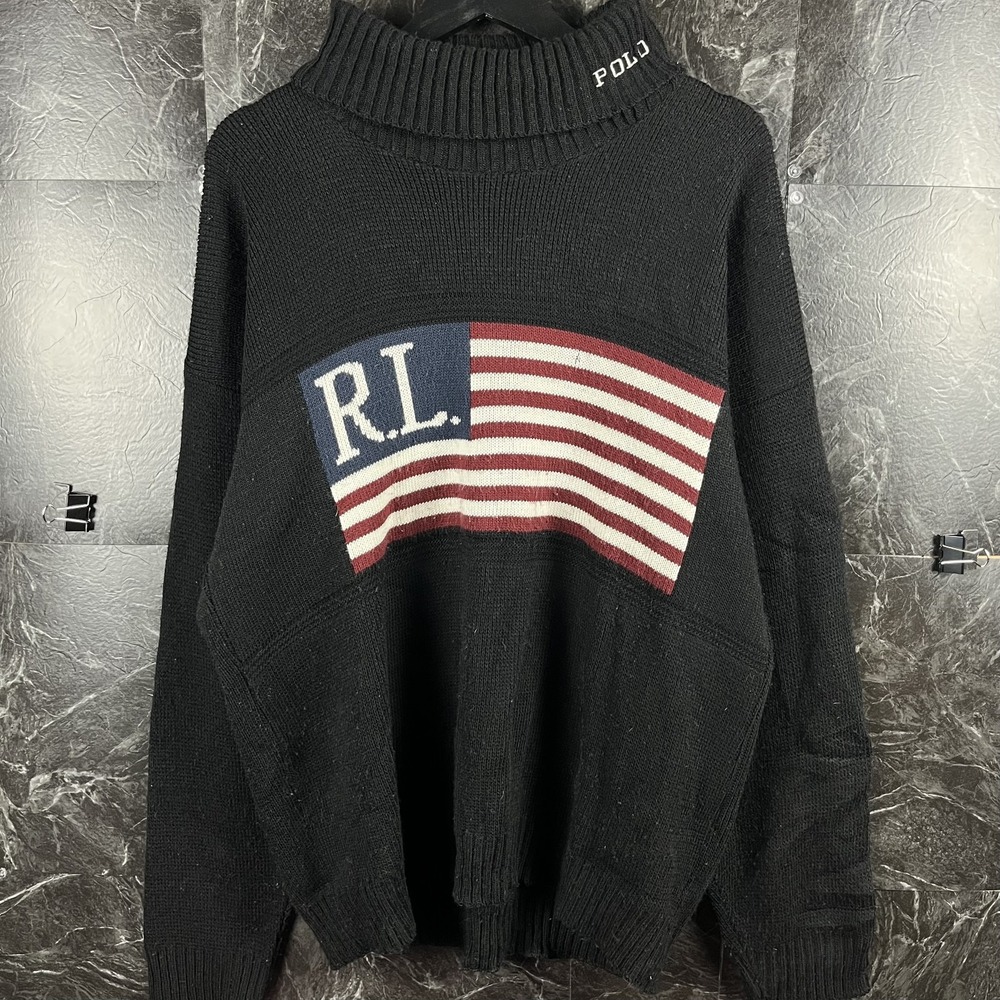 Polo Ralph Lauren Men's Black Vtg USA Flag Mock Sweater Fits XL -Flaws